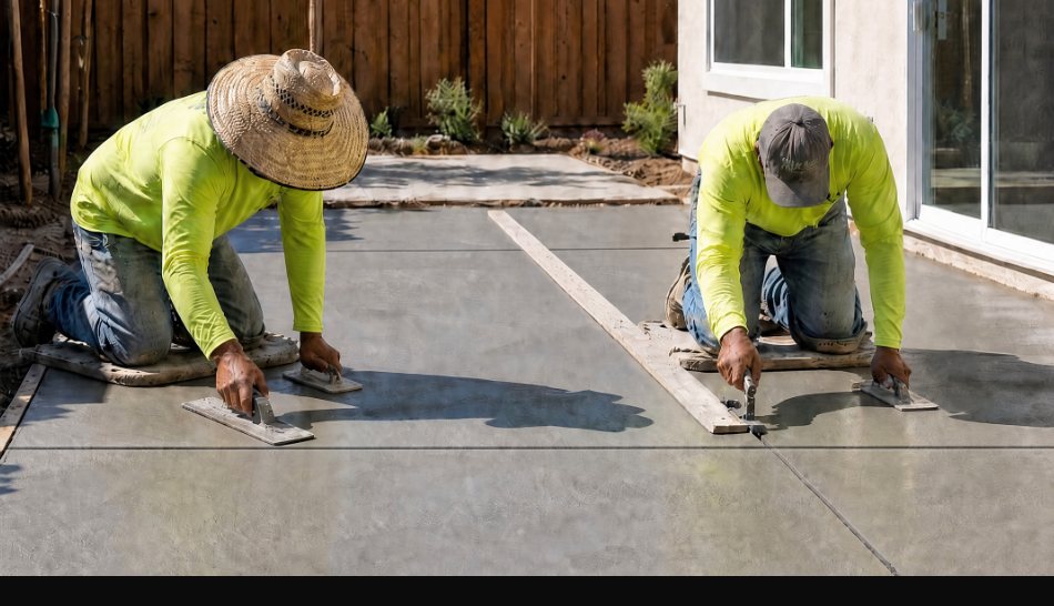 Fresh concrete patio being finished